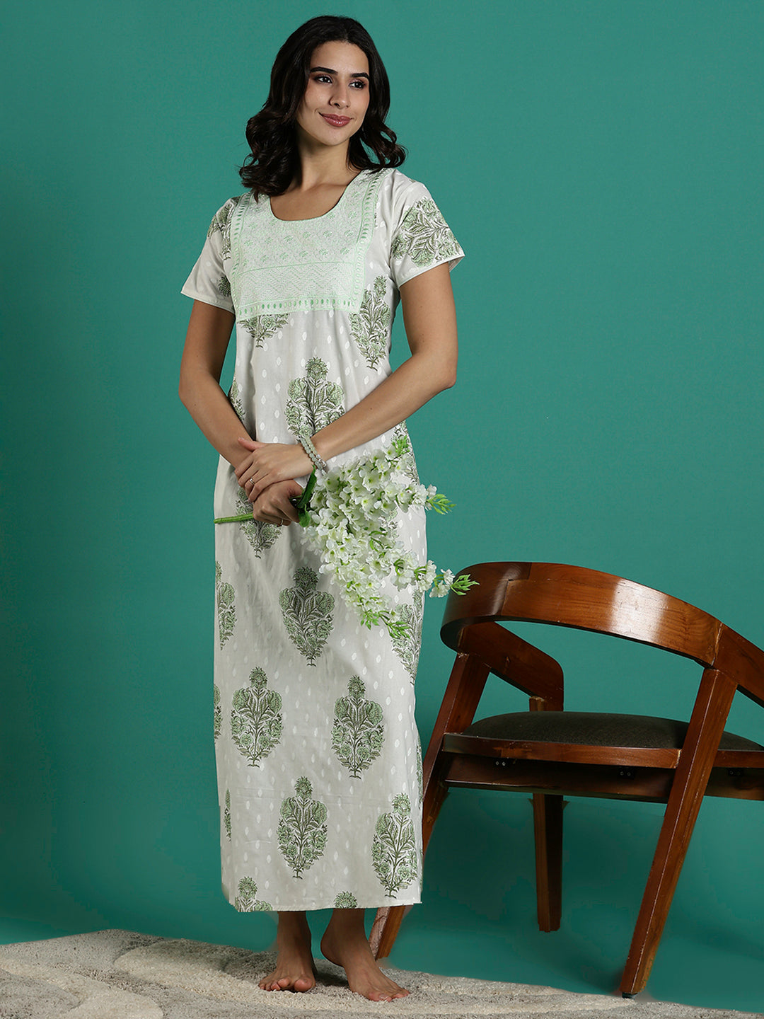 Rose Printed Pure Cotton Night Dress for Women