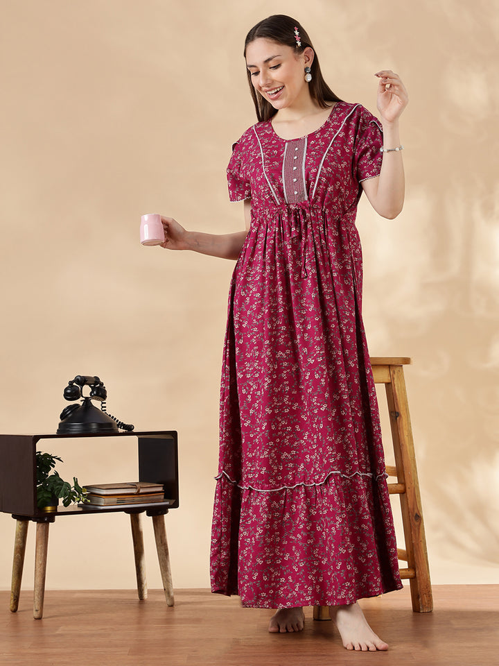 Rose pink alpine frock type nighty for women with drawstring waist