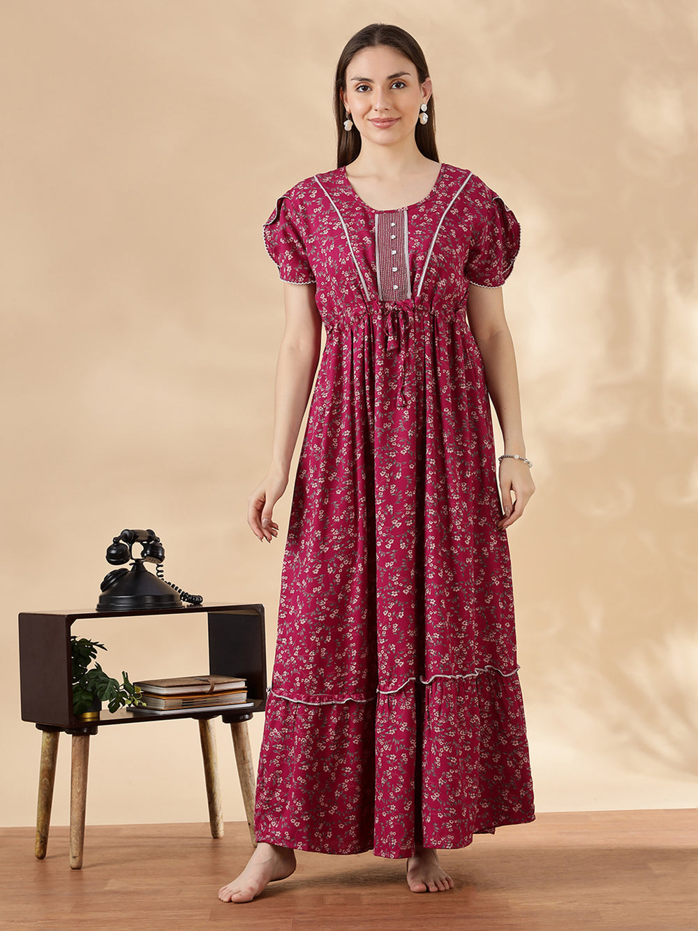 Rose pink alpine frock type nighty for women with drawstring waist