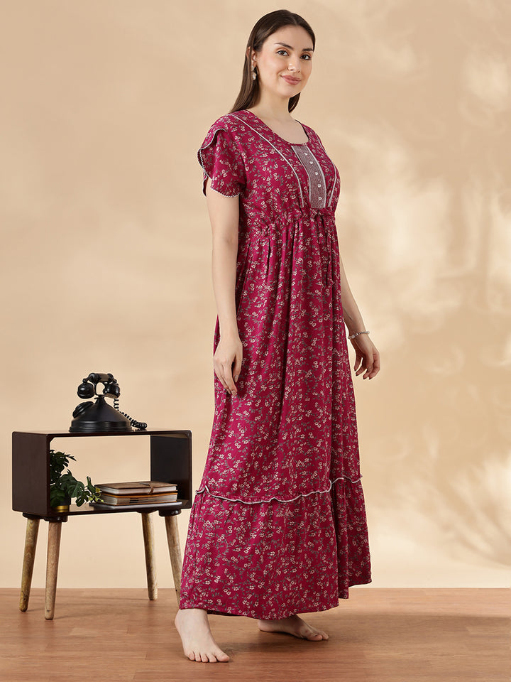 Rose pink alpine frock type nighty for women with drawstring waist