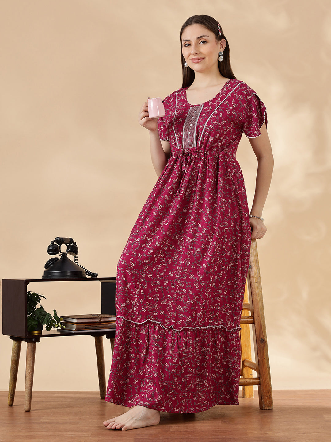 Rose pink alpine frock type nighty for women with drawstring waist
