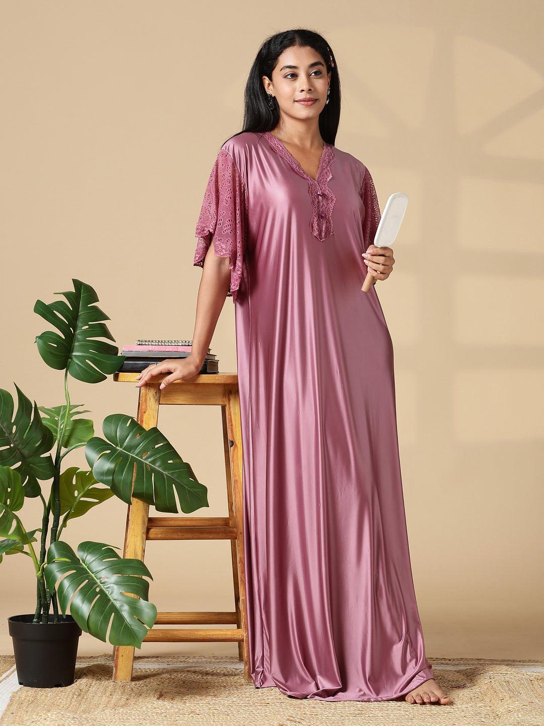 Rosewood Pink Satin Nighty for Women with Lace Neckline