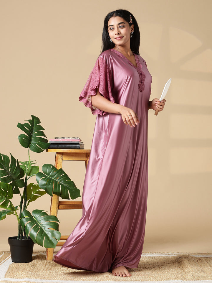 Rosewood Pink Satin Nighty for Women with Lace Neckline