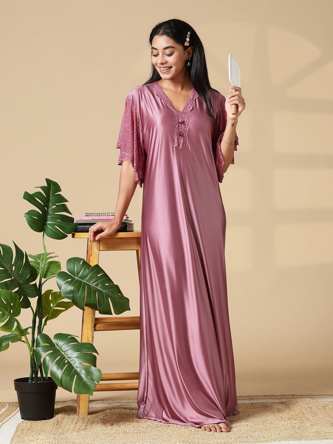 Rosewood Pink Satin Nighty for Women with Lace Neckline