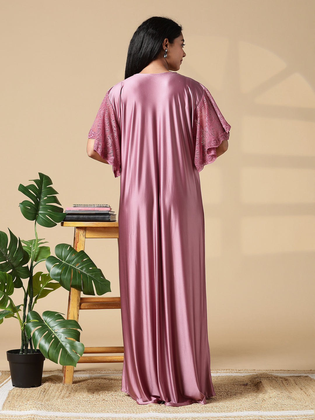 Rosewood Pink Satin Nighty for Women with Lace Neckline