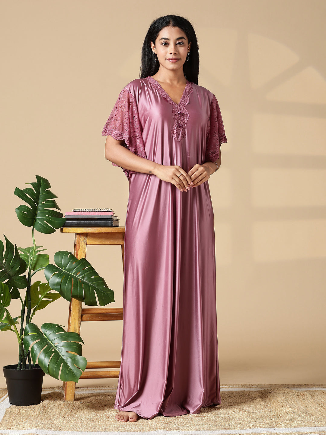Rosewood Pink Satin Nighty for Women with Lace Neckline