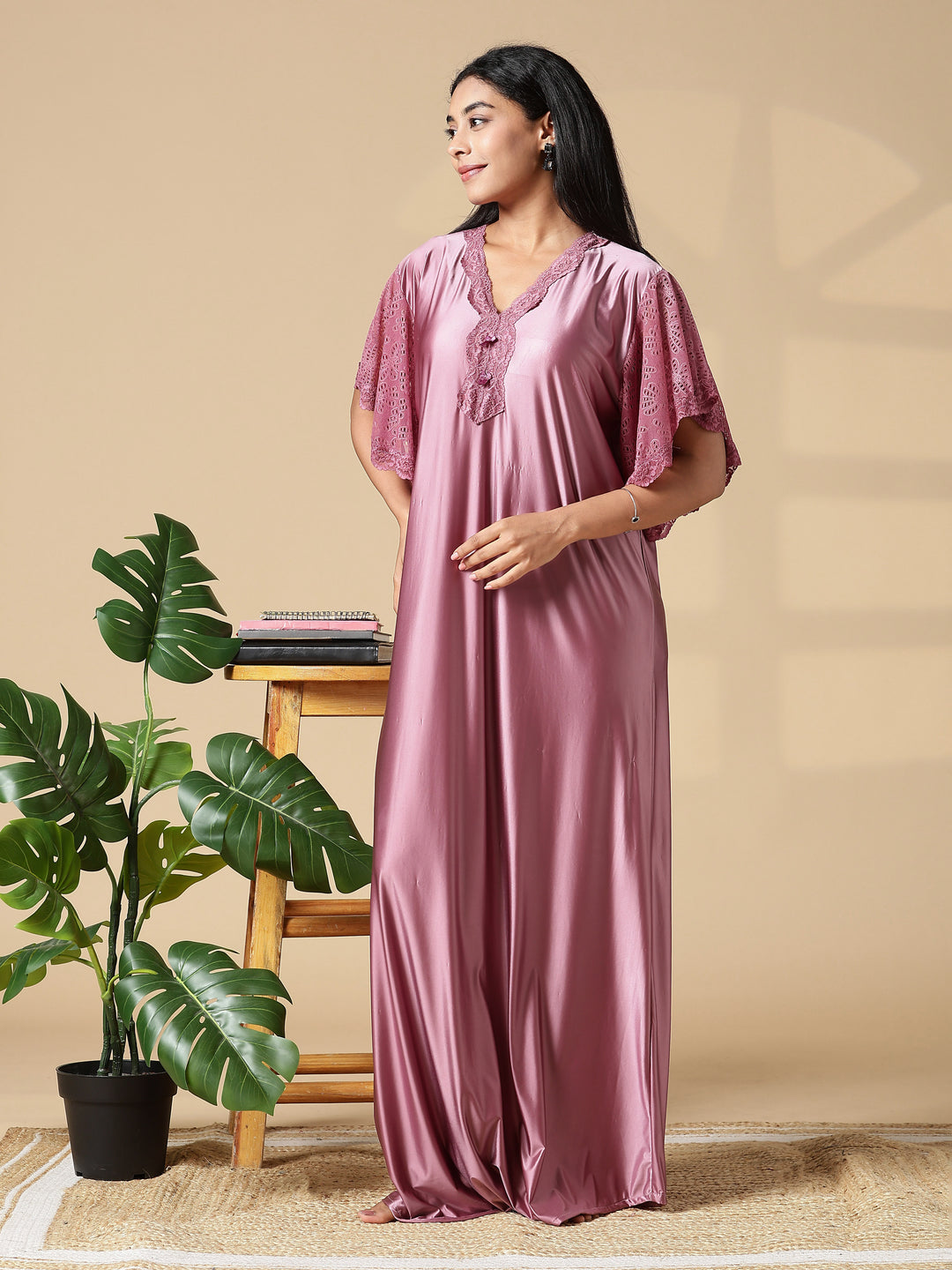 Rosewood Pink Satin Nighty for Women with Lace Neckline