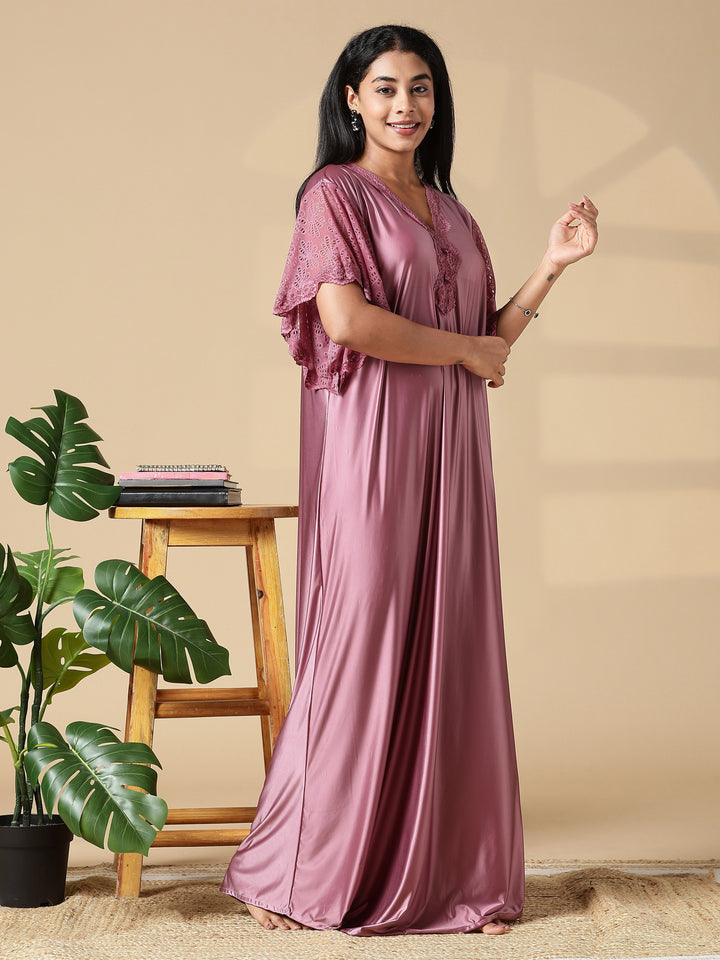 Rosewood Pink Satin Nighty for Women with Lace Neckline