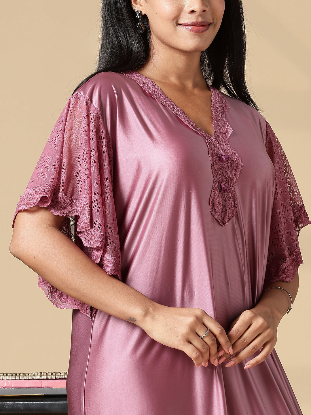 Rosewood Pink Satin Nighty for Women with Lace Neckline