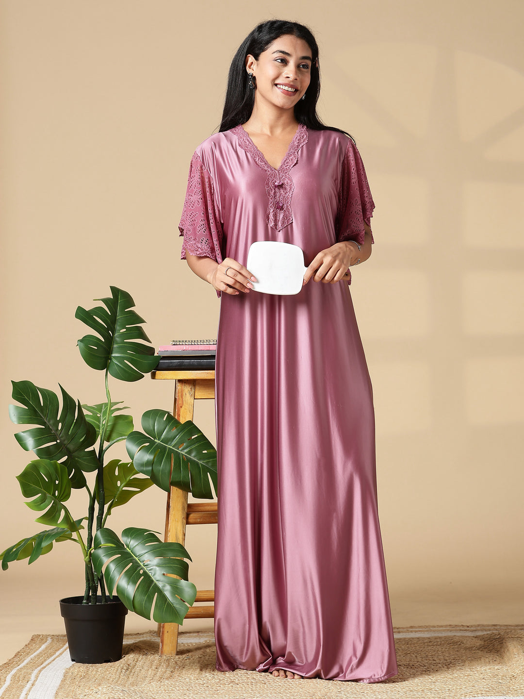 Rosewood Pink Satin Nighty for Women with Lace Neckline