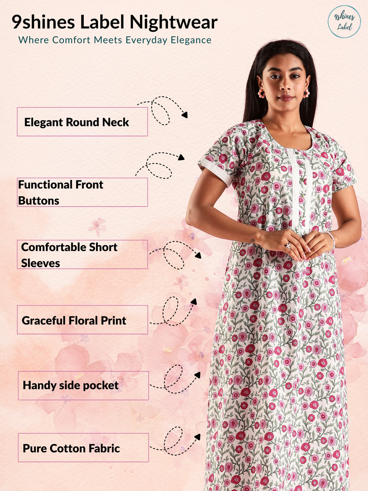 Round Neck Floral Printed Feeding Cotton Nighty for Women