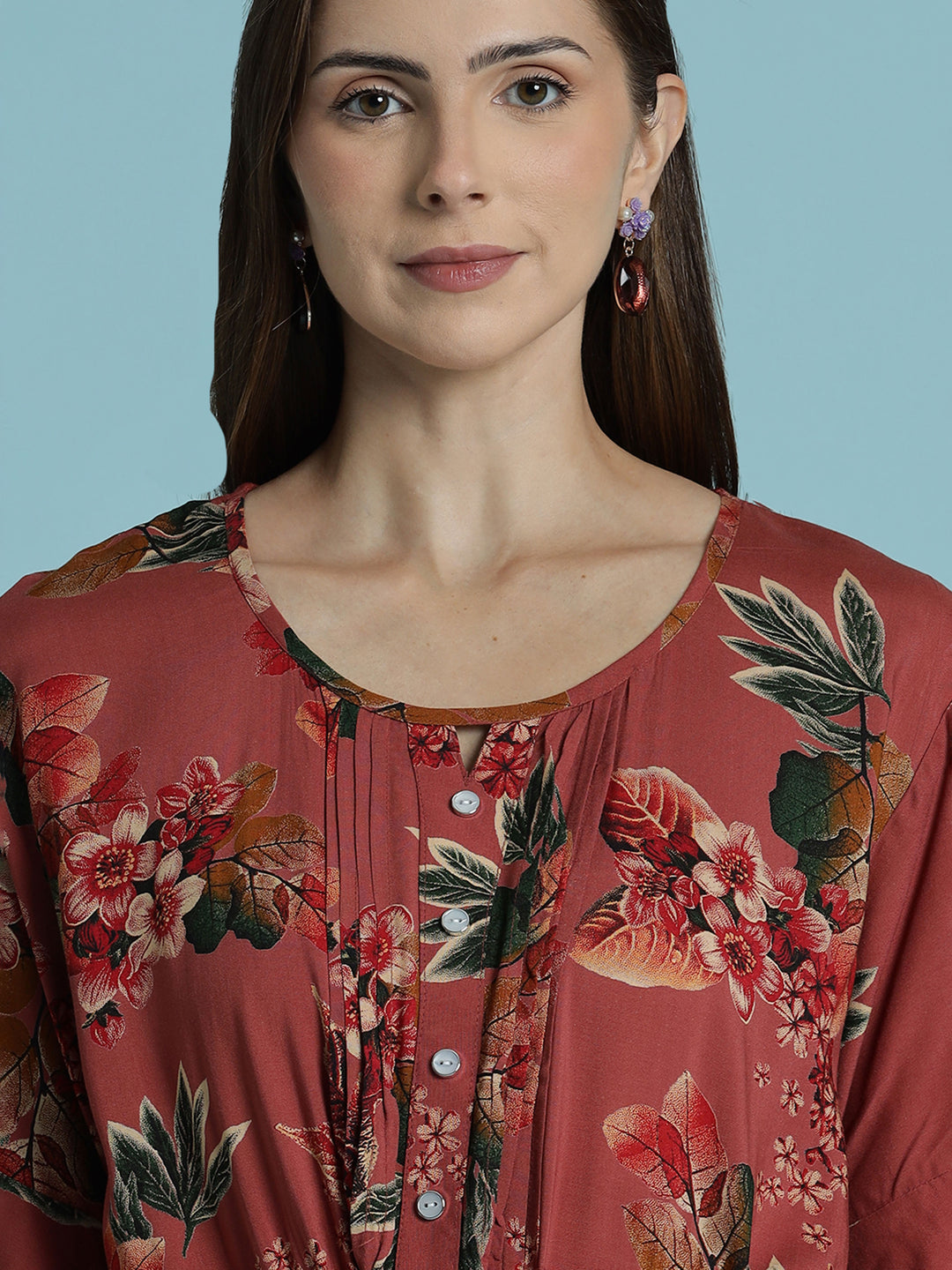 Rust red floral print frock type nighty for women In rayon