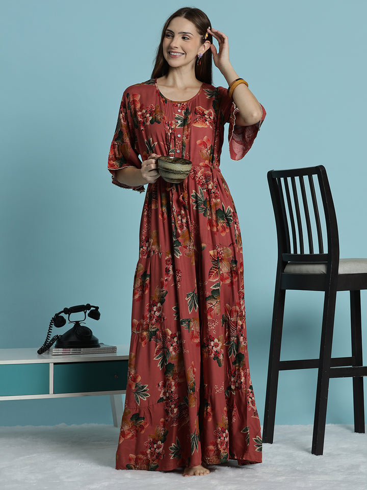 Rust red floral print frock type nighty for women In rayon