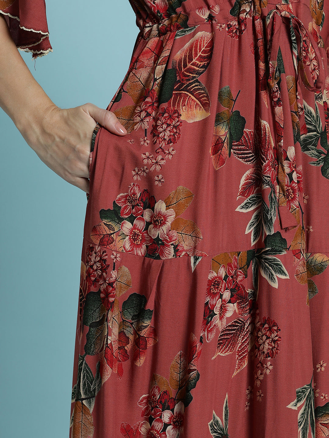 Rust red floral print frock type nighty for women In rayon