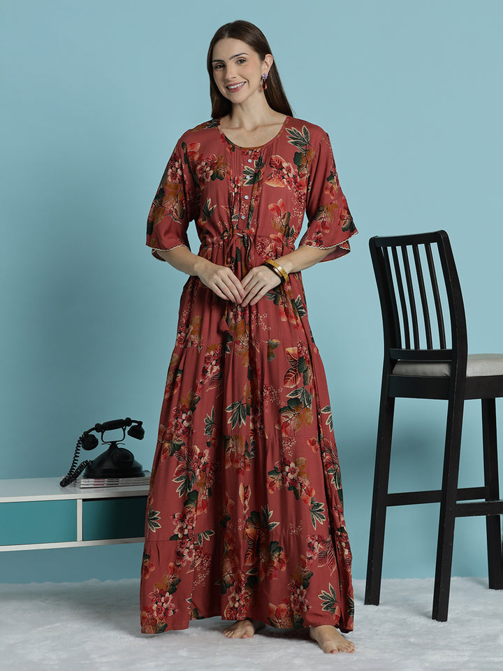 Rust red floral print frock type nighty for women In rayon