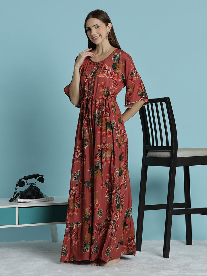 Rust red floral print frock type nighty for women In rayon