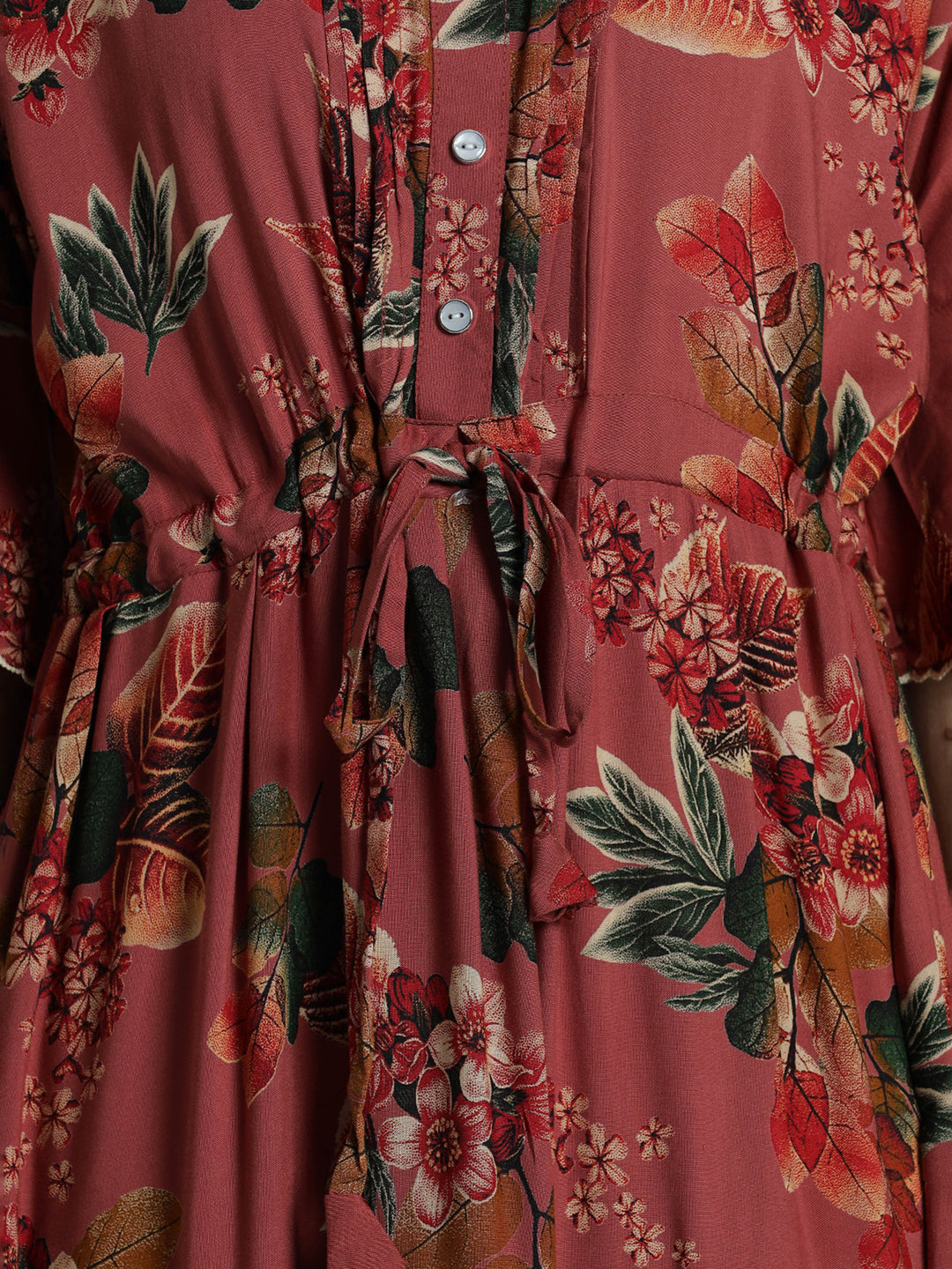 Rust red floral print frock type nighty for women In rayon