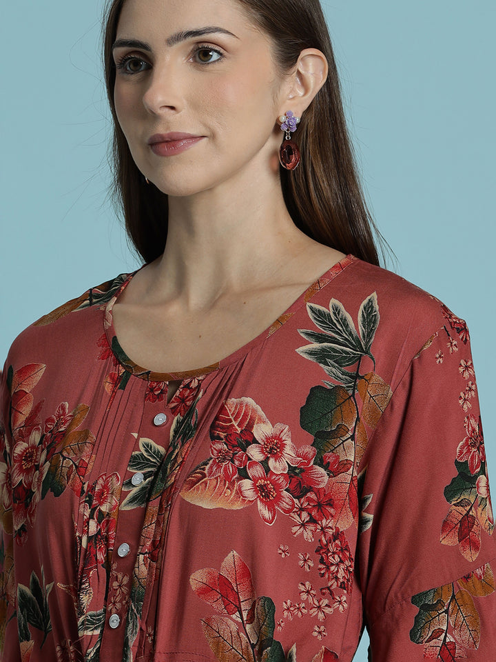 Rust red floral print frock type nighty for women In rayon
