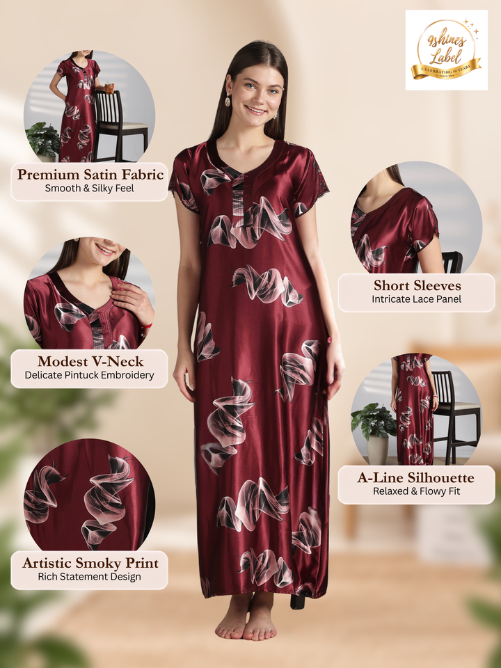 Smoky Print Satin Nighty for Women with Lace Sleeve Detail