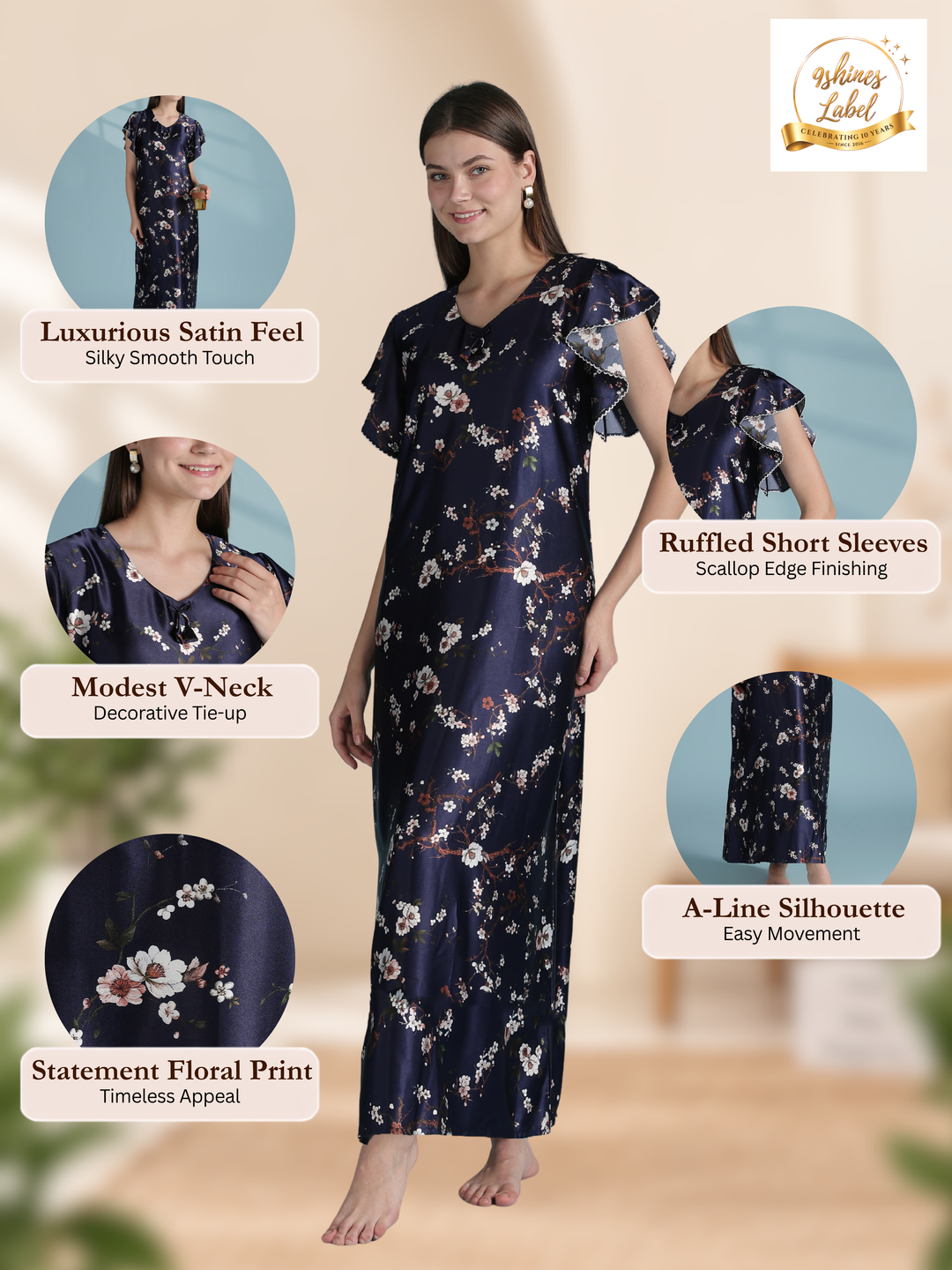 Floral Satin Nighty with Scalloped Ruffle Sleeves for Women