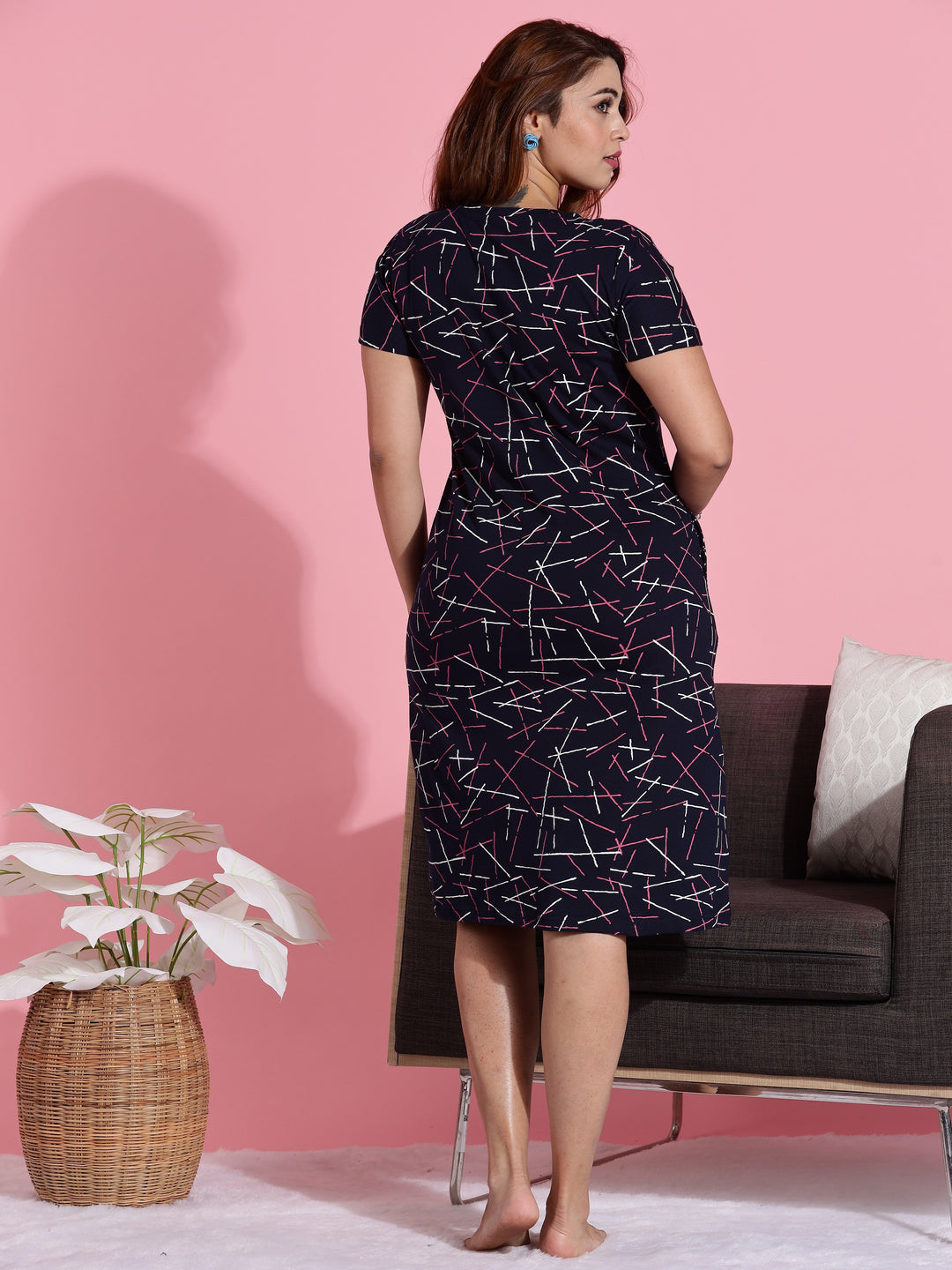 Chic Style Scribble Print Blue Short Nighty for Women