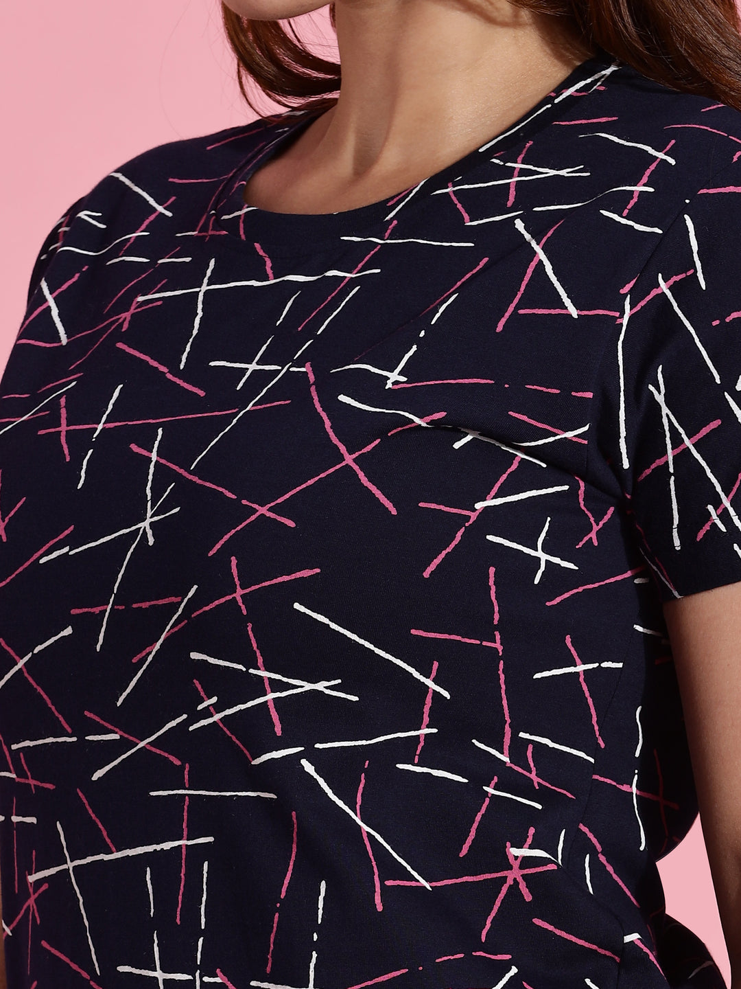 Chic Style Scribble Print Blue Short Nighty for Women