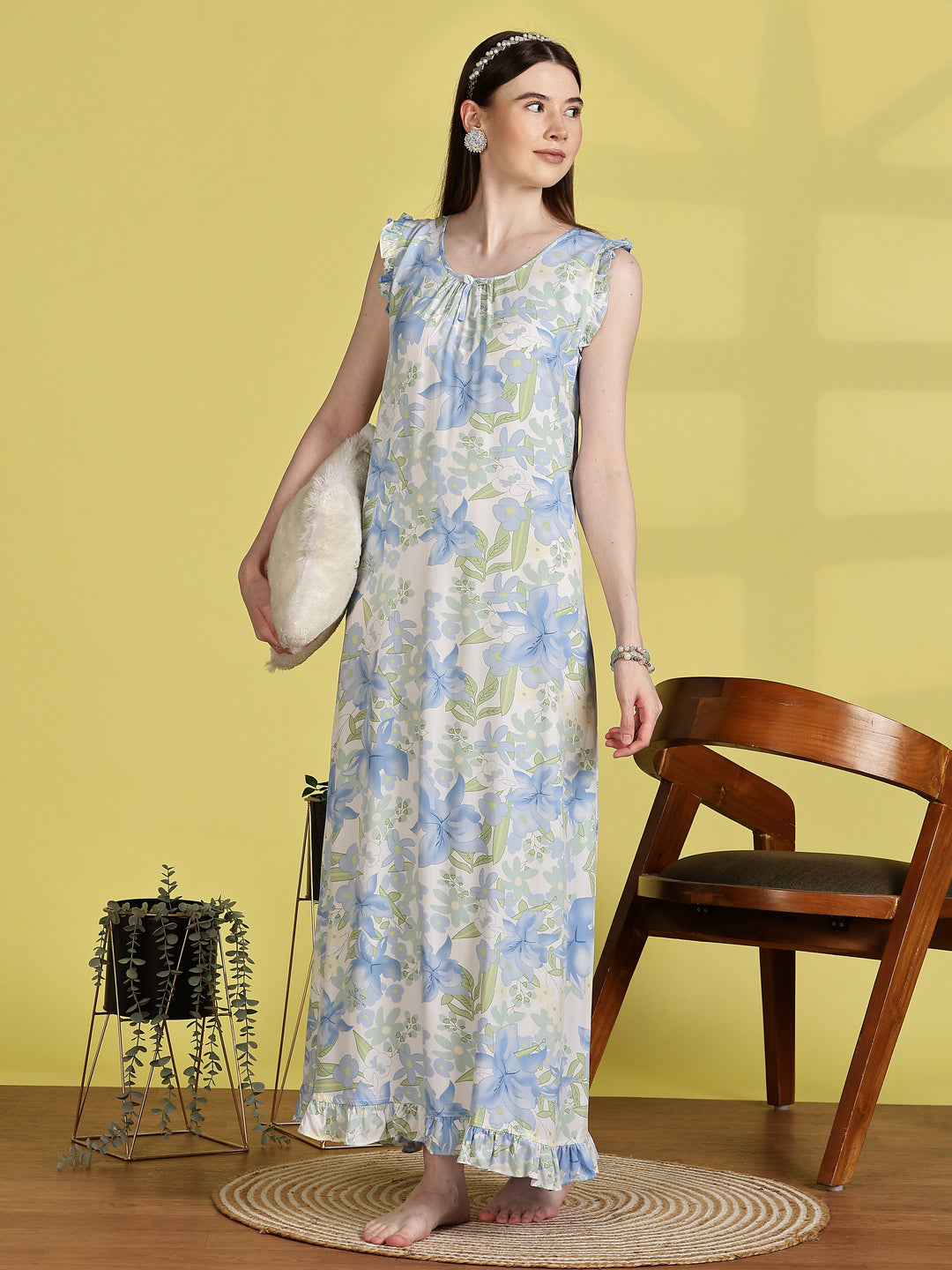 Sea Blue Rayon Sleeveless Nighty for Women