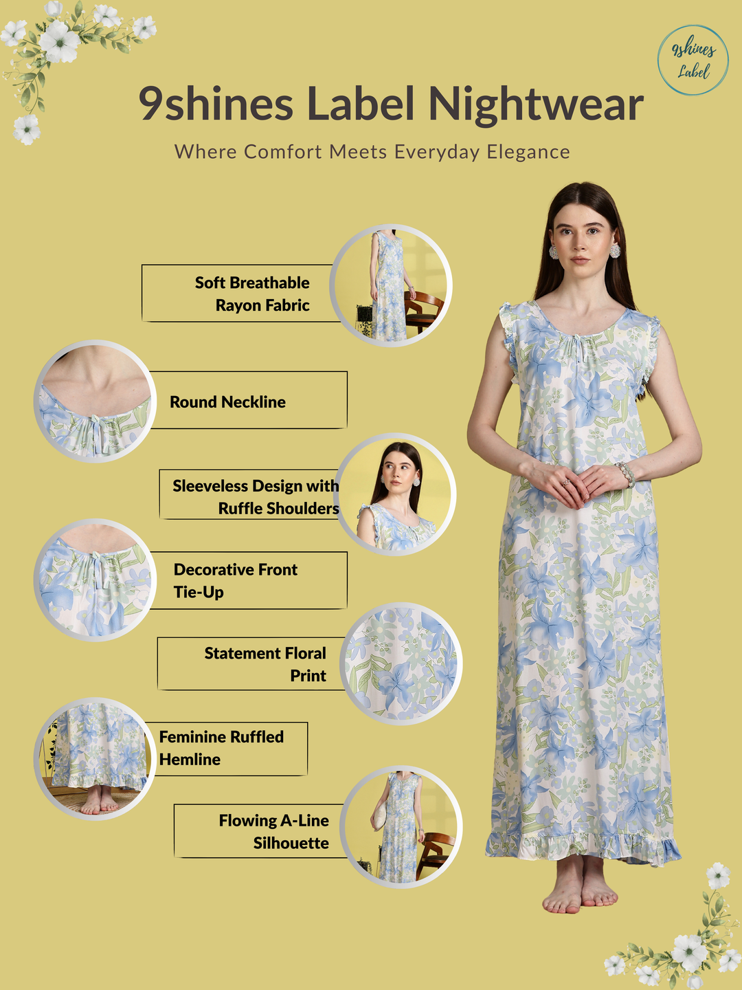 Sea Blue Rayon Sleeveless Nighty for Women