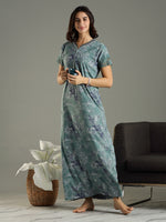 Hosiery Cotton Sea Green Designer Nighty with Embroidered Neckline and Pocket