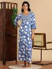 Serene Blue Jaipuri Cotton Nighty Floral Embroidered Patch Side Pocket