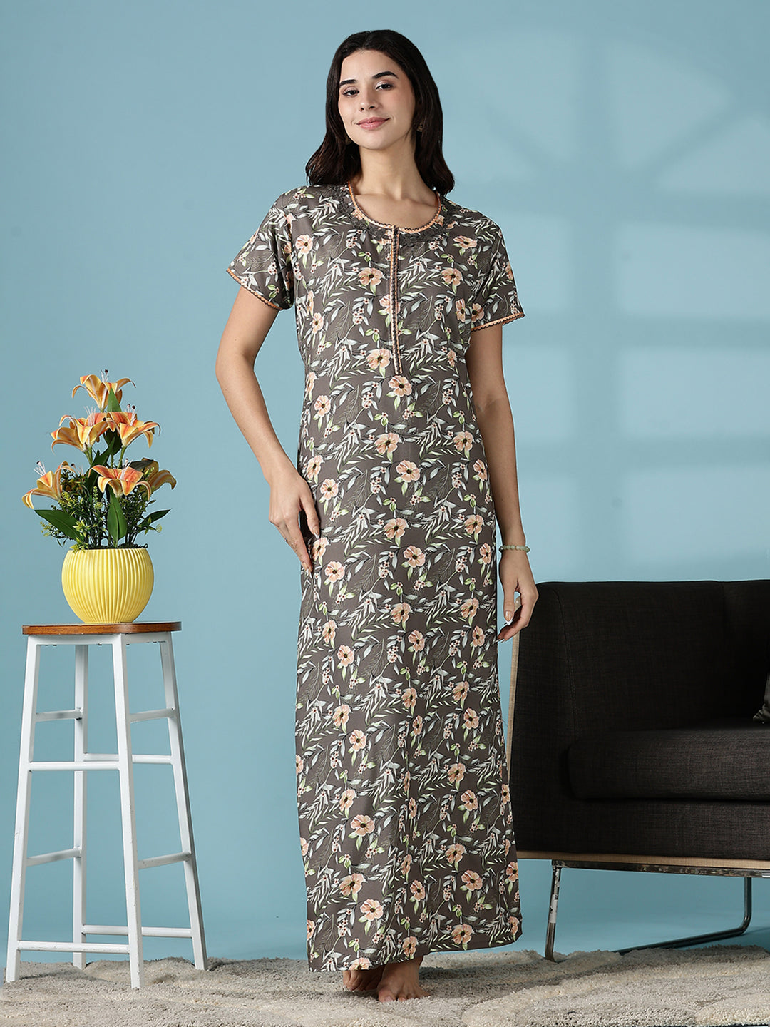 Rayon Floral Branded Nighty for Women in Shimmer Brown