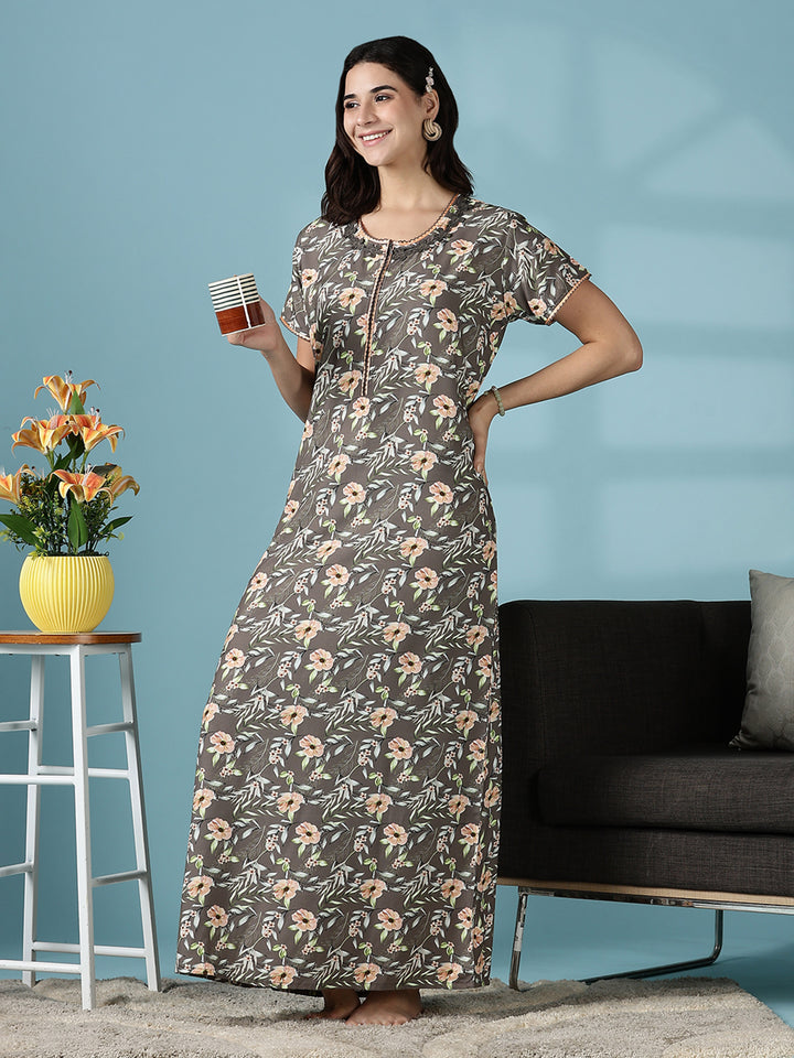 Rayon Floral Branded Nighty for Women in Shimmer Brown