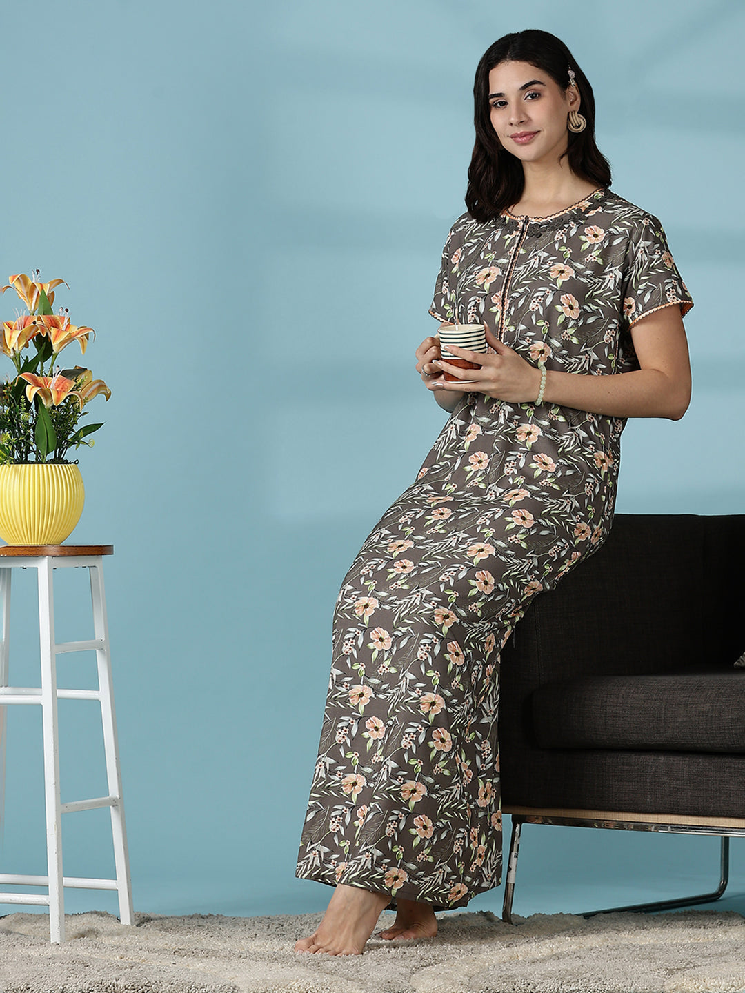 Rayon Floral Branded Nighty for Women in Shimmer Brown