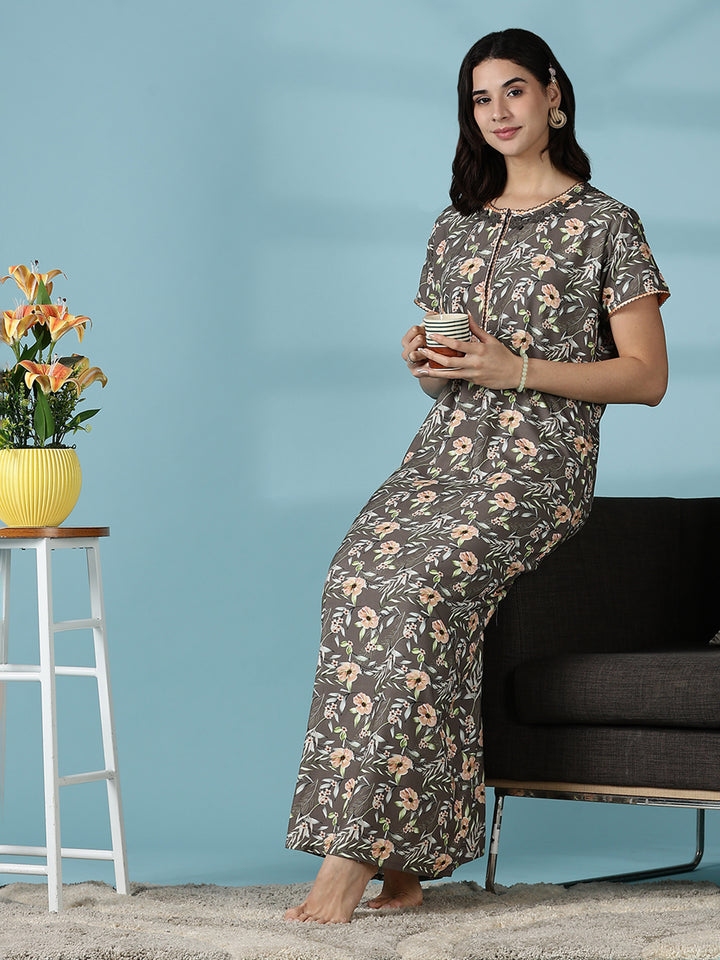 Rayon Floral Branded Nighty for Women in Shimmer Brown