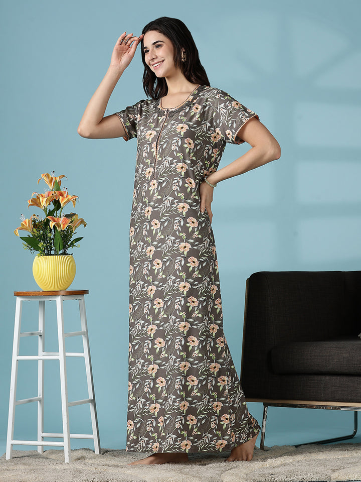 Rayon Floral Branded Nighty for Women in Shimmer Brown