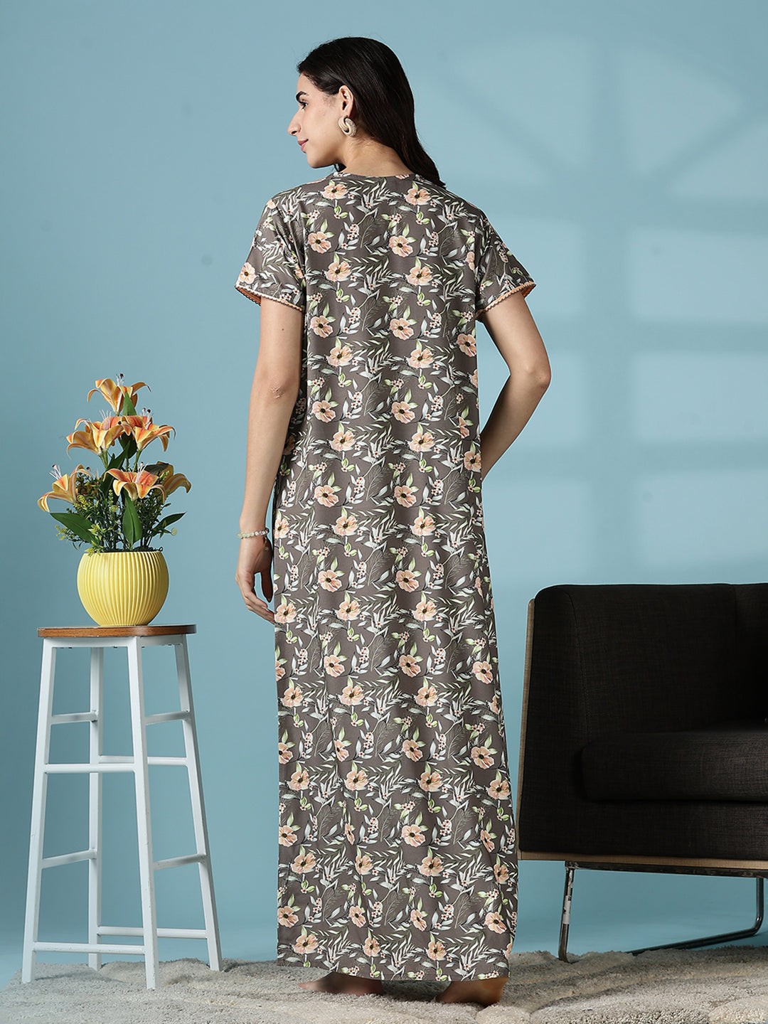 Rayon Floral Branded Nighty for Women in Shimmer Brown