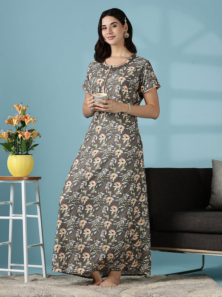 Rayon Floral Branded Nighty for Women in Shimmer Brown