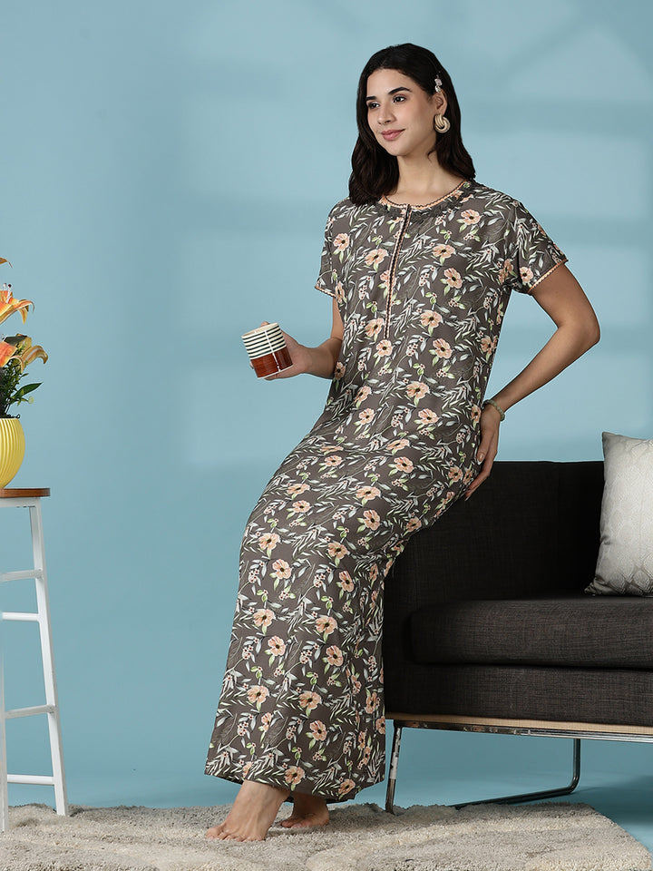 Rayon Floral Branded Nighty for Women in Shimmer Brown