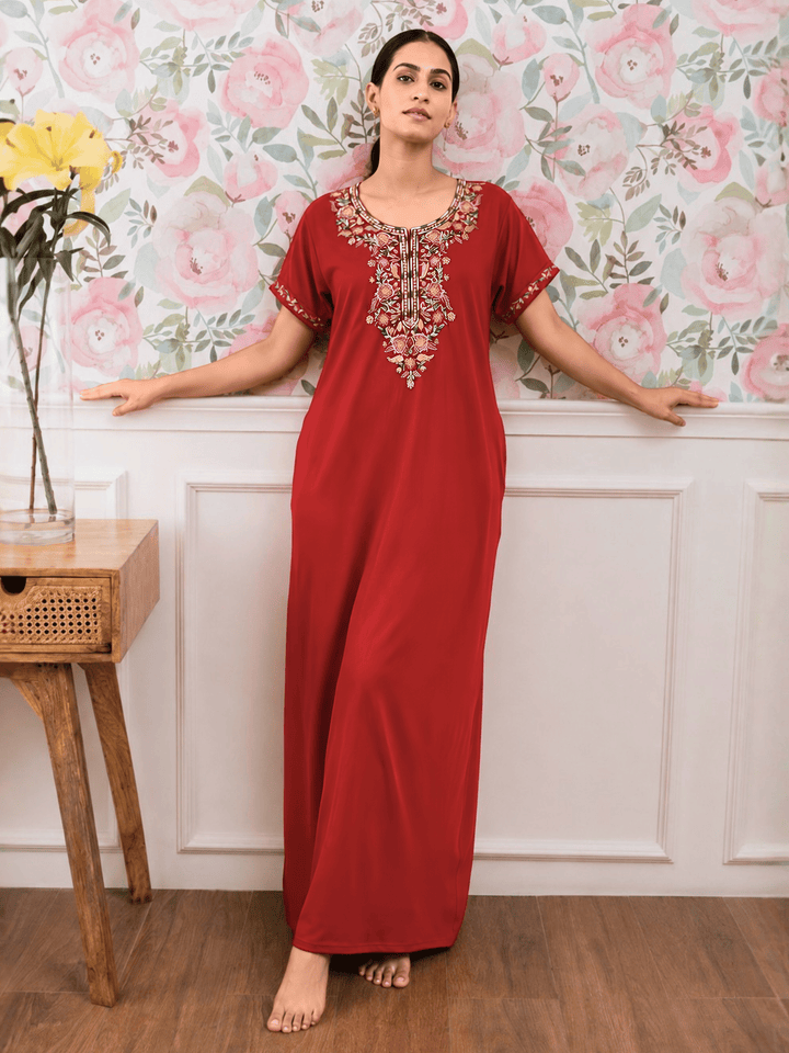 Raatrani Maroon Alpine Nighty - A-Line Maxi with Exquisite Embroidery Details