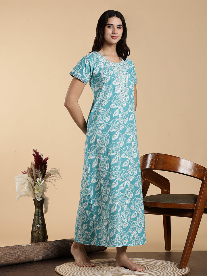 Embroidered Sky Blue Jaipuri Pure Cotton Nighty for Women