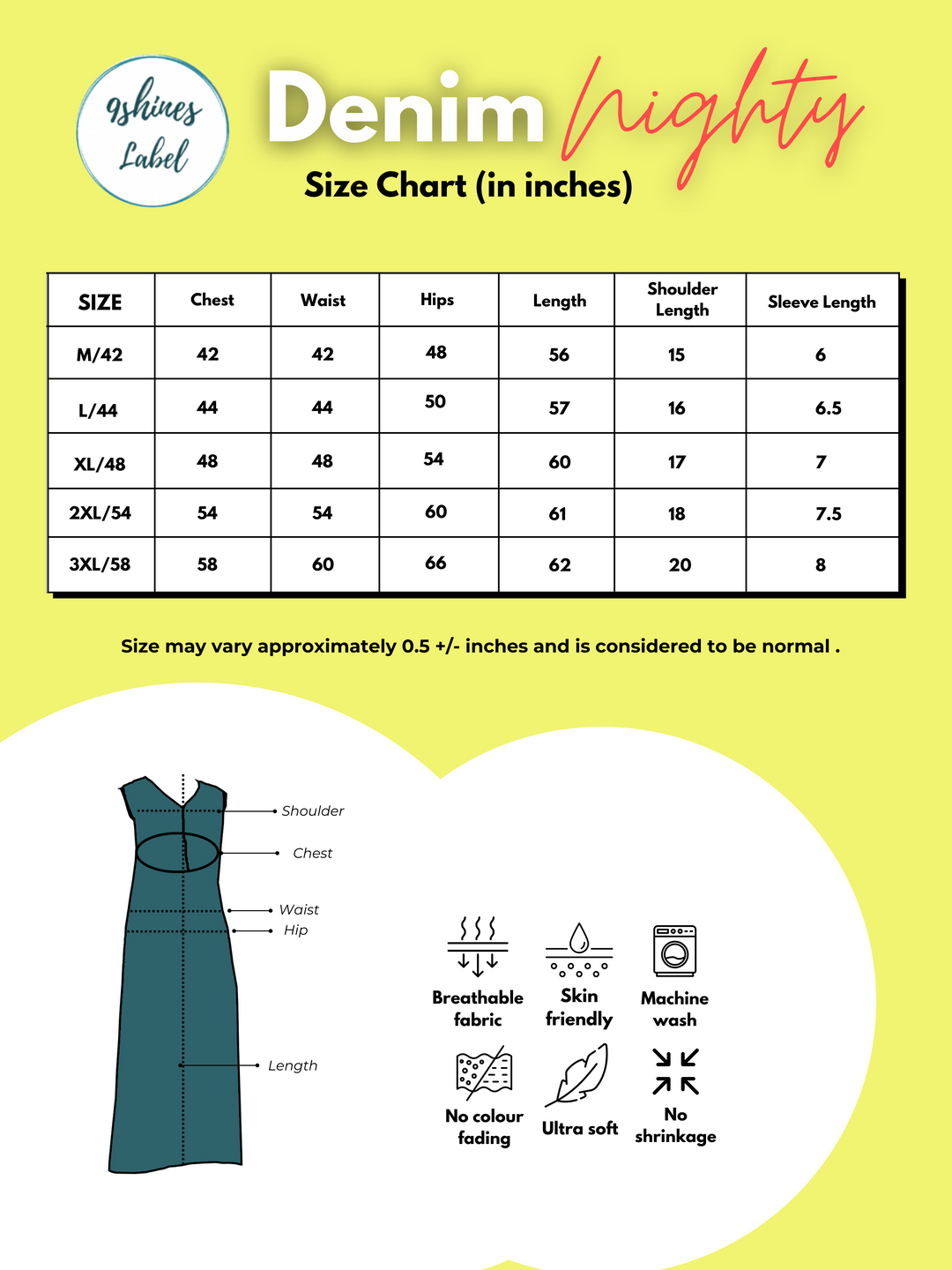 Embroidery Neck Sky Blue Denim Nighty for Women