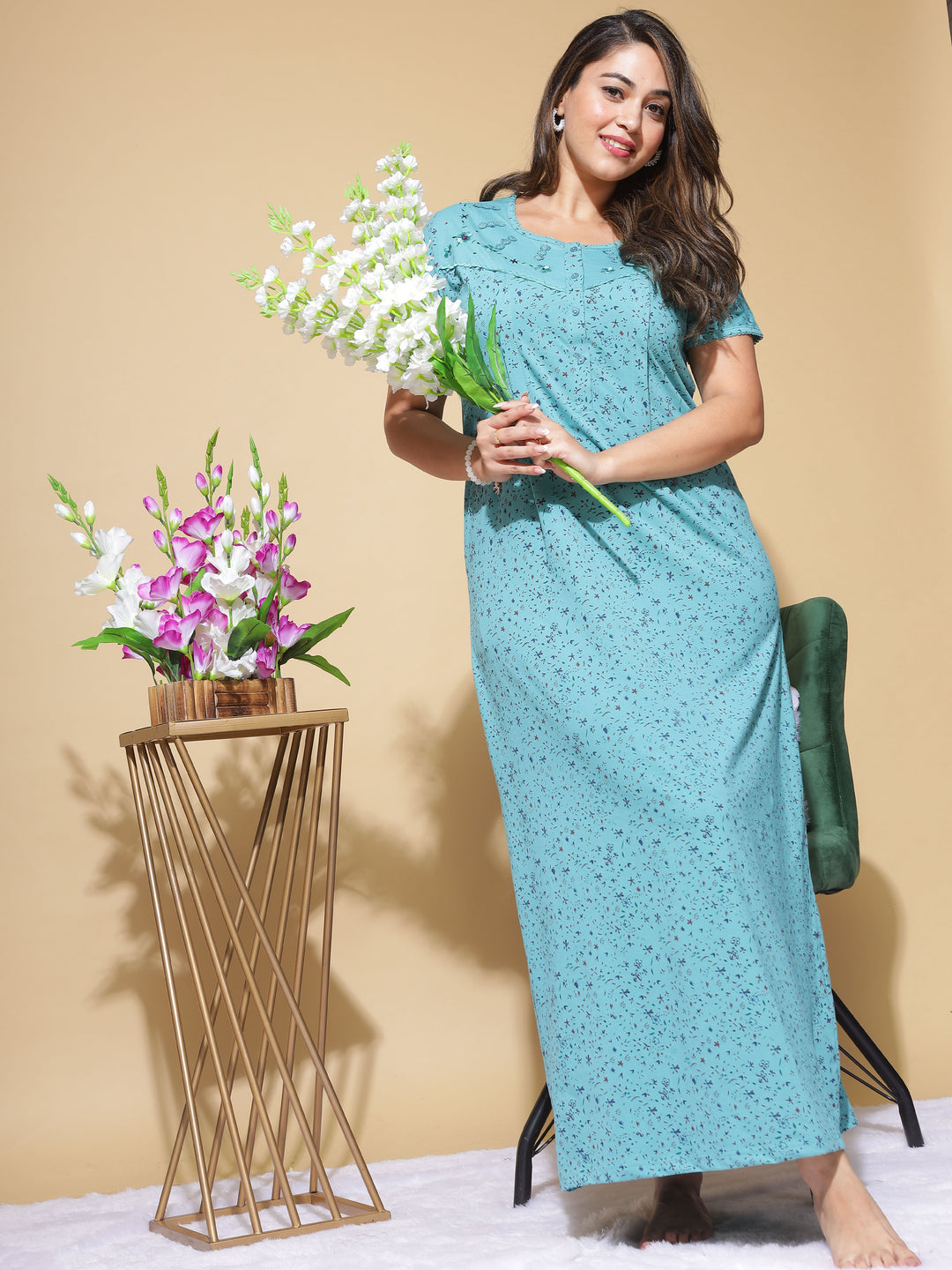 Fountain Blue Cotton Blend Maternity Long Feeding Nighty