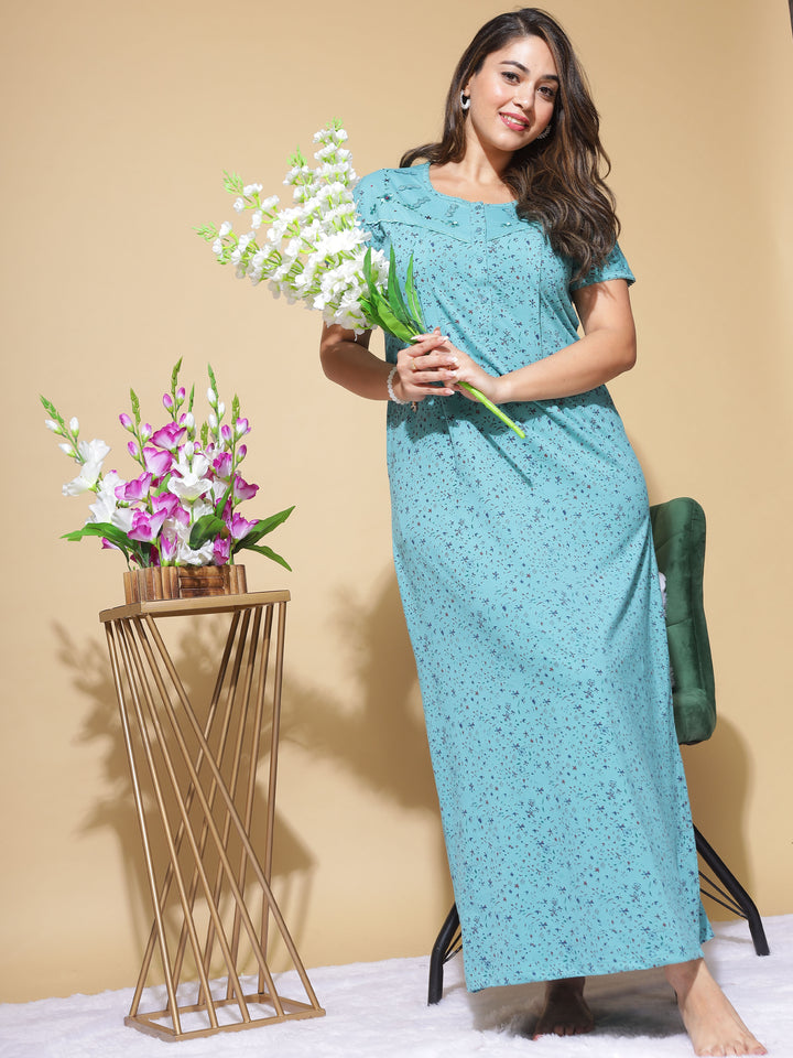 Fountain Blue Cotton Blend Maternity Long Feeding Nighty