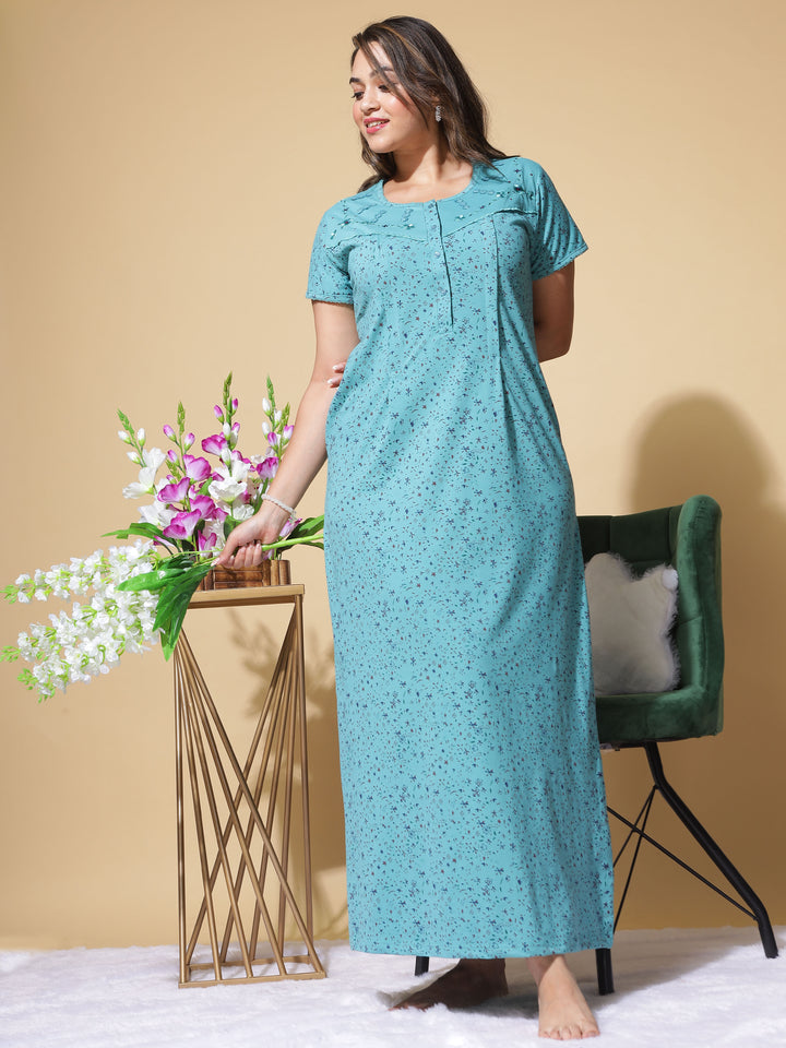 Fountain Blue Cotton Blend Maternity Long Feeding Nighty