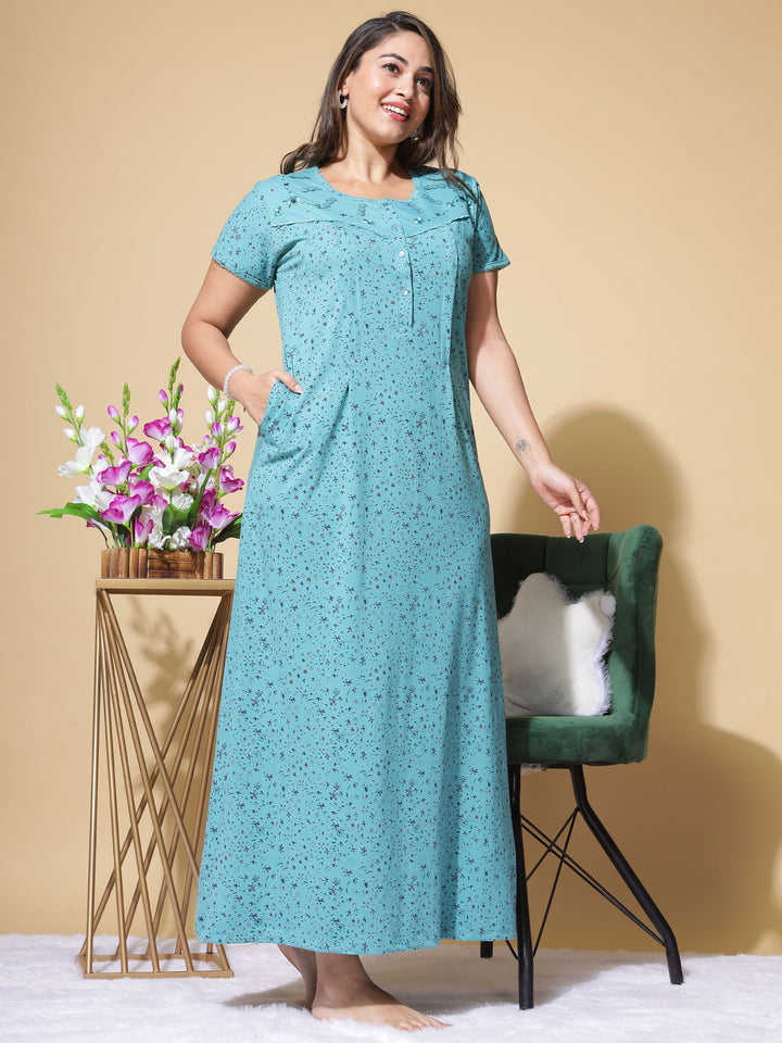 Fountain Blue Cotton Blend Maternity Long Feeding Nighty