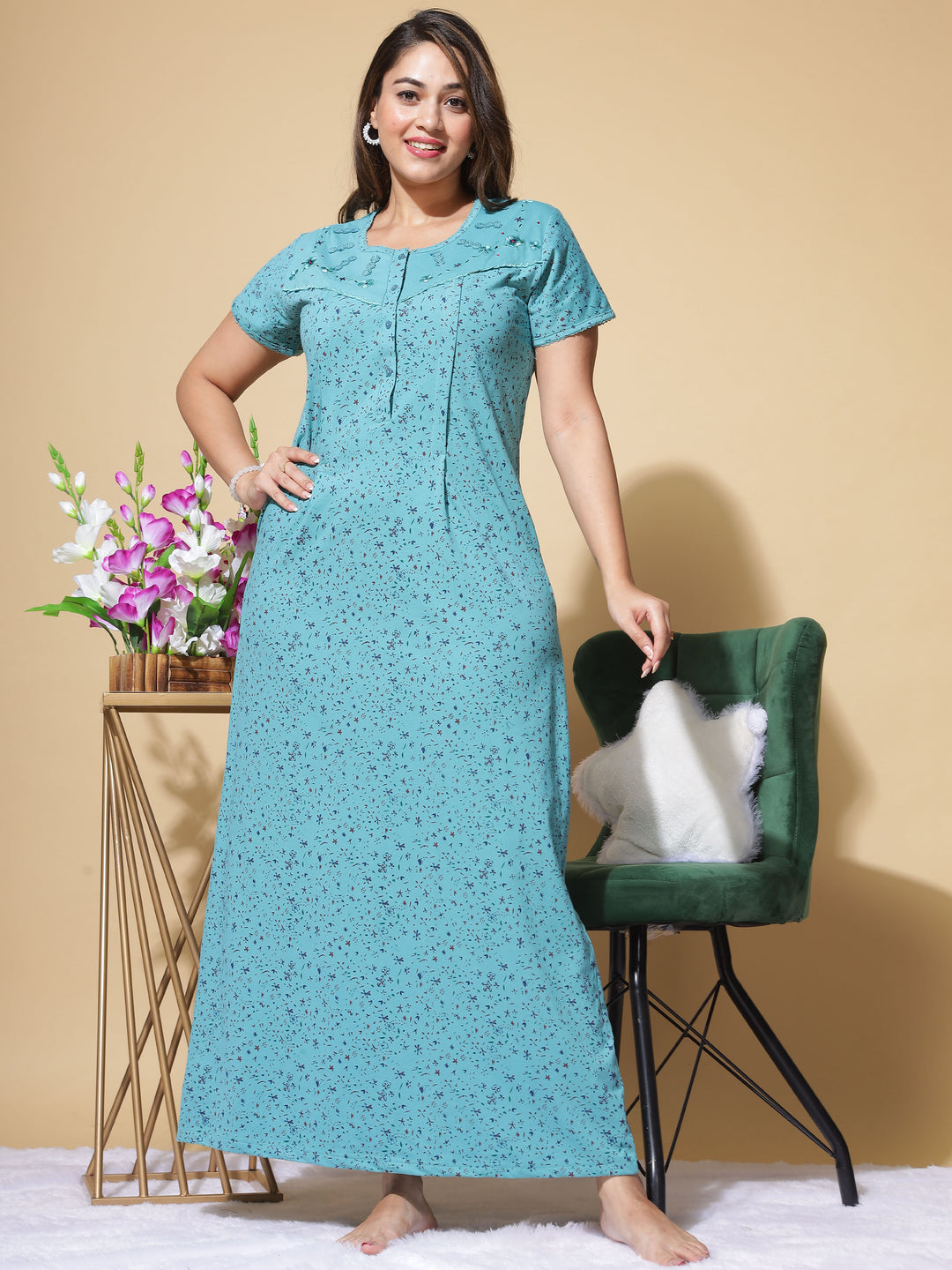 Fountain Blue Cotton Blend Maternity Long Feeding Nighty