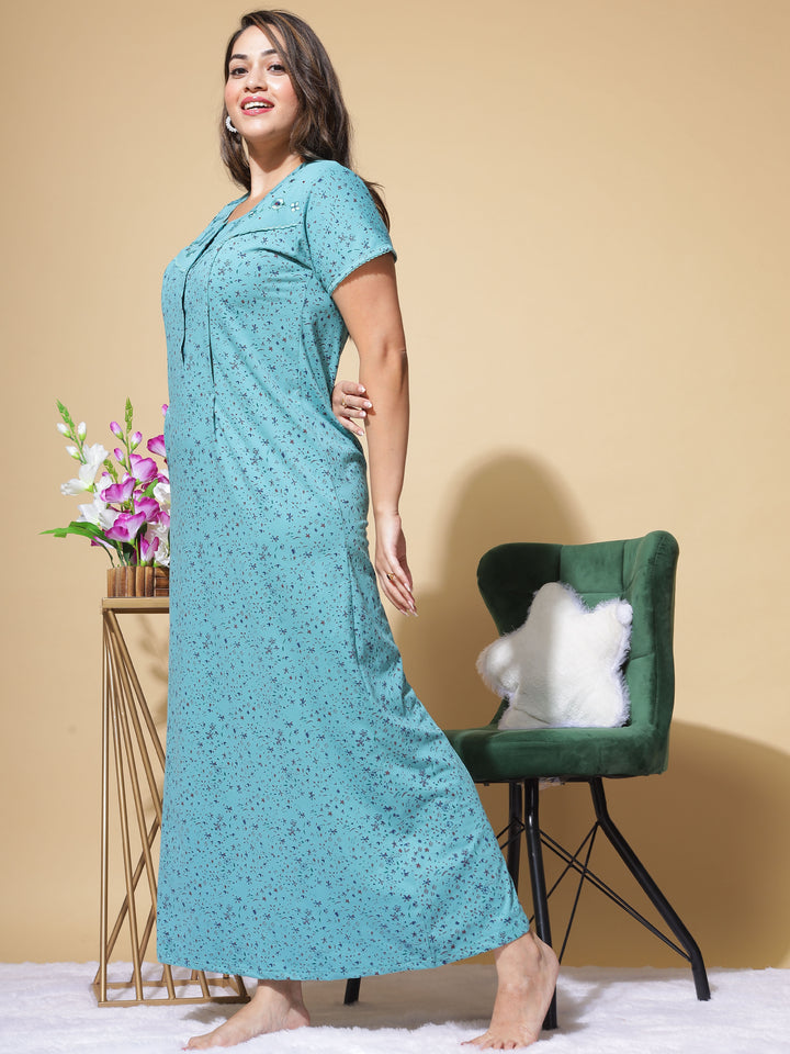 Fountain Blue Cotton Blend Maternity Long Feeding Nighty