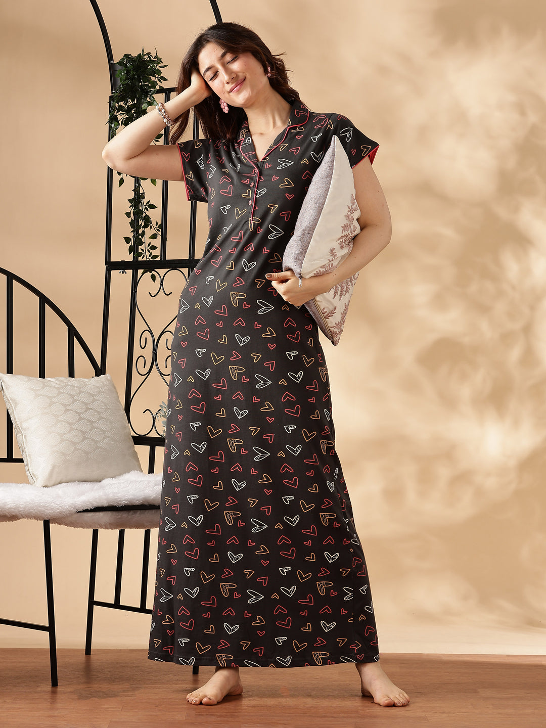 Star Printed Charcoal Collar Maxi Nighty For Women