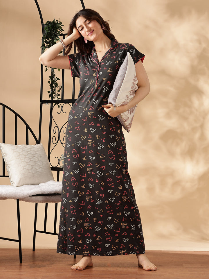 Star Printed Charcoal Collar Maxi Nighty For Women
