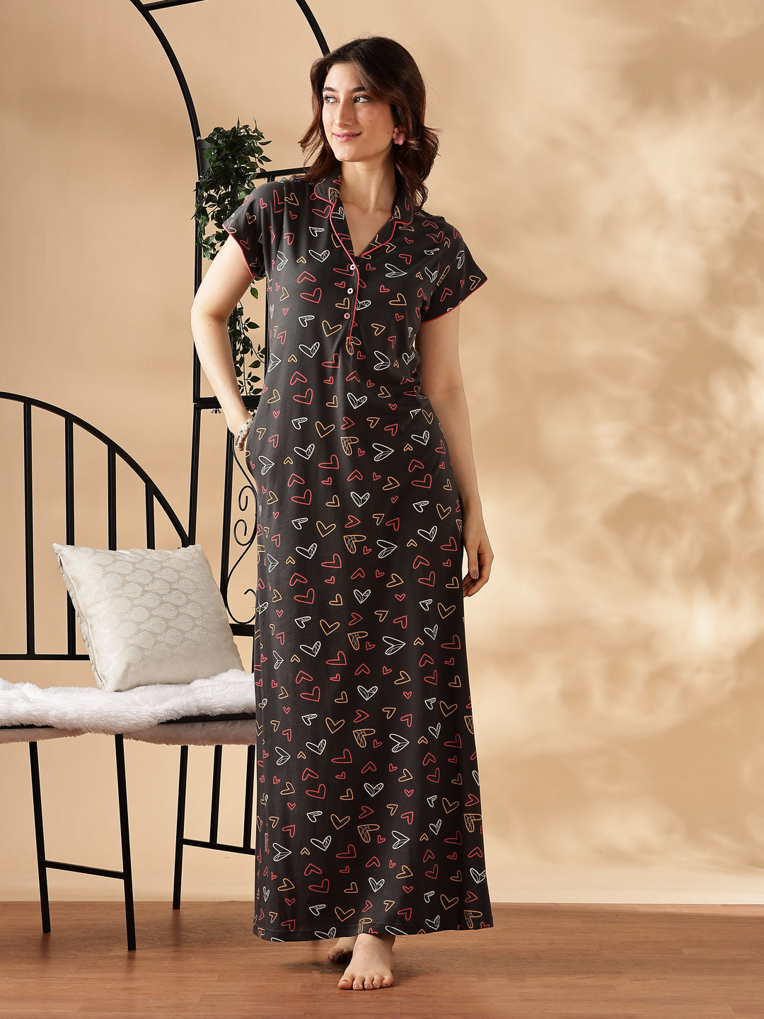 Star Printed Charcoal Collar Maxi Nighty For Women